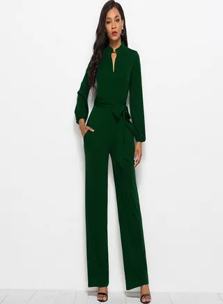 Solid Long Sleeve Slim Belted Jumpsuit Dark Green 