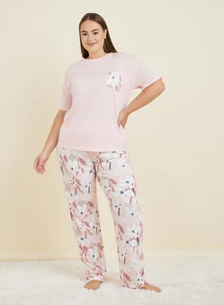 Plus Large Scale Floral Print Pocket T-Shirt & Pyjama Set 