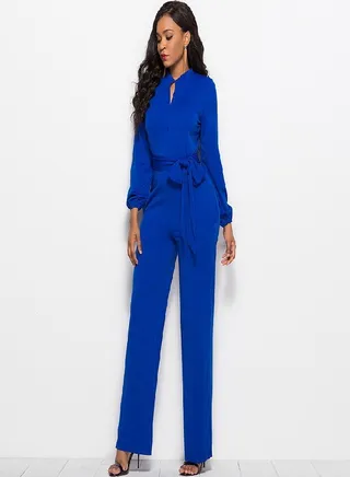 Solid Long Sleeve Slim Belted Jumpsuit Navy Blue 