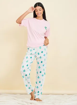 Cactus Print T-shirt and Pyjama Set 
