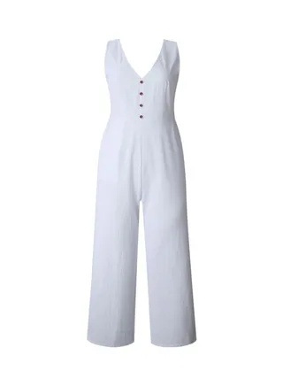 V-Neckline Pocket Solid Color Jumpsuit Bodysuit White 