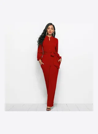 Solid Belted Jumpsuit Red 