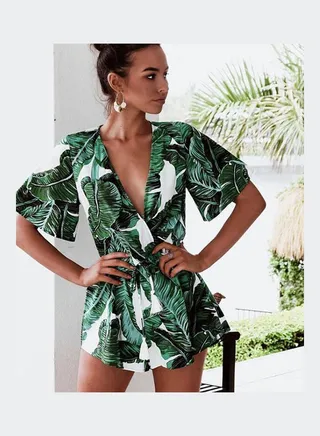 Tropical Leaves Printed Bandage Romper Green/White 