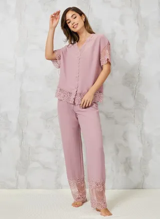 Lace Trim Textured Shirt & Pyjama Set