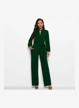 Solid Belted Playsuit Dark Green 
