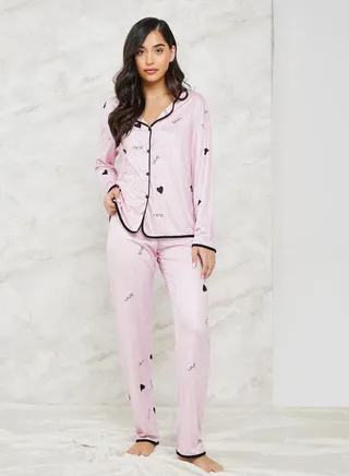 Heart Print Button Through Shirt & Pyjama Set 