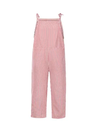 Casual Vertical Stripes Bib Overall Sleeveless Pockets Jumpsuit Red 