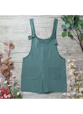 Loose Overalls Buttons Front Adjustable Shoulder Strap Rompers Jumpsuit Blue 
