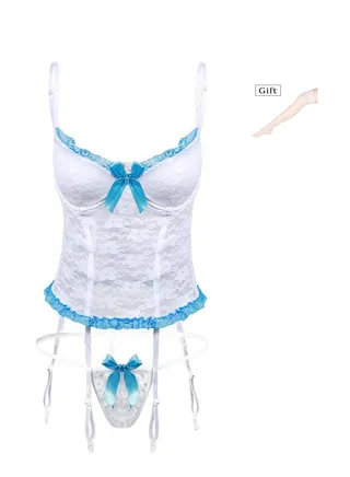 Lace Floral Strap V Neck Rompers Babydoll Bustier with Garters And Stockings. 