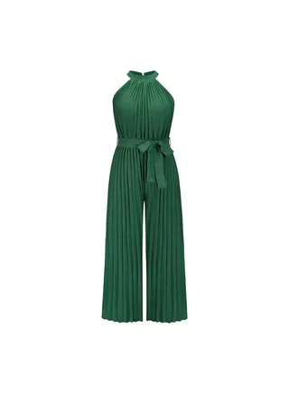 Sleeveless Pleated Lace Up Slim Fitting Women's Jumpsuit Pants 