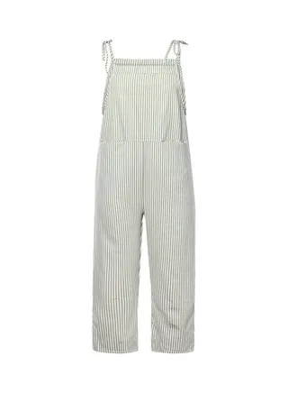 Casual Vertical Stripes Bib Overall Sleeveless Pockets Jumpsuit Green 