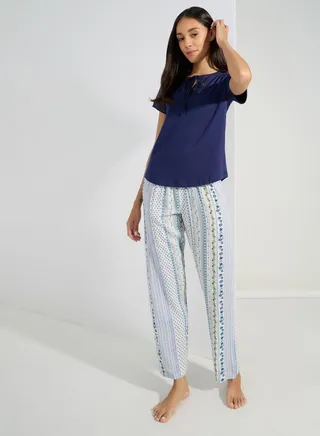 Lace Insert Tie Neck T-Shirt & Patchwork Pyjama Set 