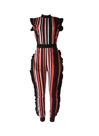 Bodycon Striped Ruffle Sleeveless Zipper Jumpsuit Black/Orange/White 