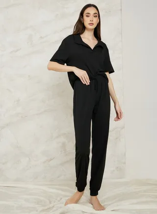 V Neck Collared Shirt & Cuff Pyjama Set 