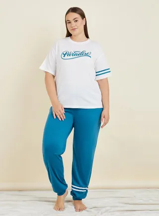 Plus Paradise Drop Shoulder T-Shirt & Side Stripe Cuff Pjyjama Set 