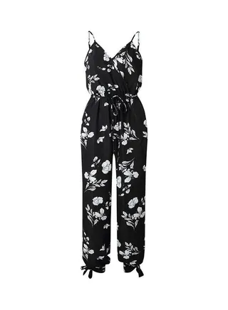 Leaf Flower Print Spaghetti Strap Jumpsuit Black/White 