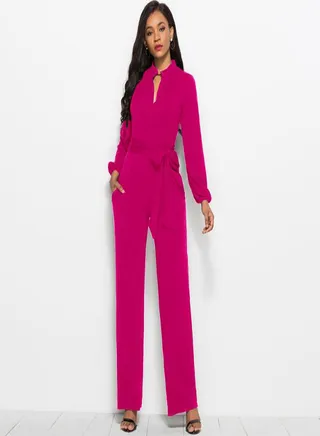 High Neck Front Button Pattern Jumpsuit Rose Pink 