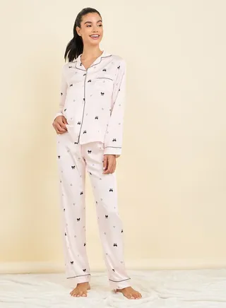 All Over Bow Spot Print Satin Piped Shirt & Pyjama Set 