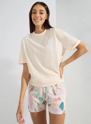 Sun Sea & Sand Print Drop Shoulder T-Shirt & Shorts Set 