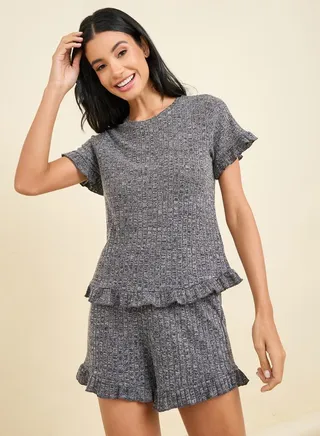 Ribbed Ruffle Sleeve T-Shirt & Shorts Set 