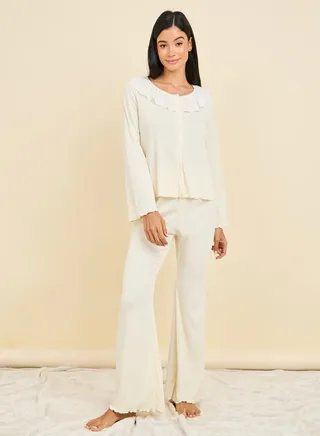 Broderie Ruffle Neck Ribbed Shirt and Pyjama Set