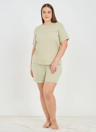 Script Slogan Drop Shoulder T-Shirt & Placket Shorts Set 