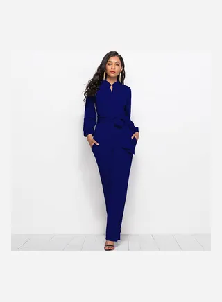 Solid Belted Playsuit Dark Blue 