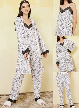 Pack of 3 - Floral Lace Trim Cami, Trouser & Robe Set 