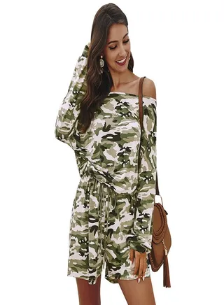 Spring Camouflage Off Shoulder Jumpsuit Light Green 