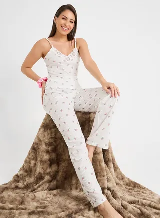 AOP Floral Print Waffle Trim Lace Cami & Pyjama Set
