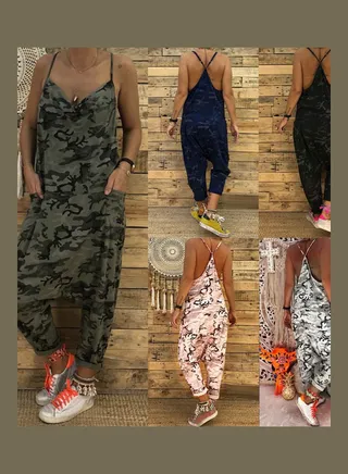 Summer Women Camouflage Sleeveless Backless Jumpsuit Baggy Long Pants Romper Pink 
