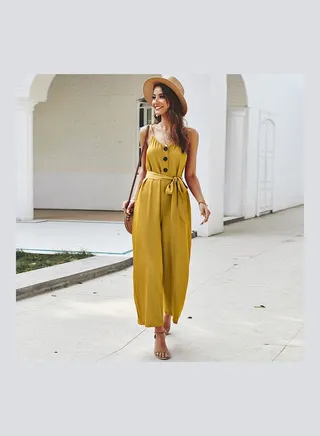 Front Button Solid Jumpsuit Yellow 