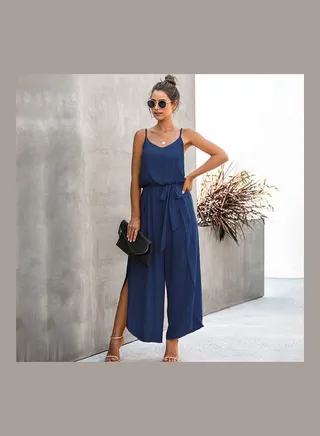 Solid Sleeveless Jumpsuit Dark Blue 