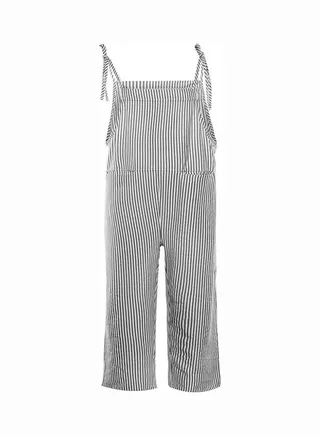 Casual Vertical Stripes Bib Overall Sleeveless Pockets Jumpsuit Grey 