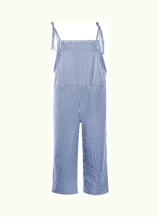 Casual Vertical Stripes Bib Overall Sleeveless Pockets Jumpsuit Blue 