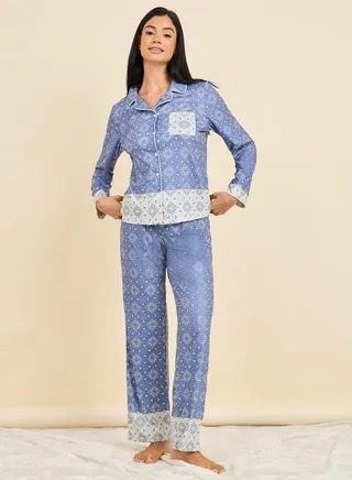Colorblock Geo Print Piped Shirt & Pyjama Set 