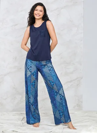 Lace Detail Pocket Vest & Printed Wide Leg Pyjama Set