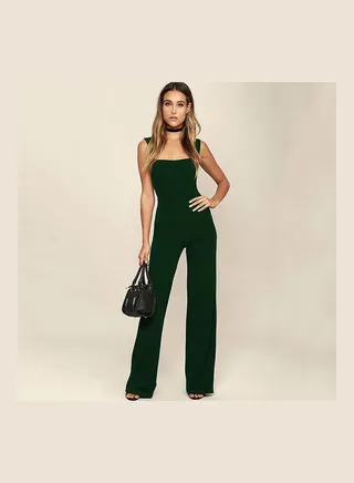 Back Zippered Solid Jumpsuit Dark green 