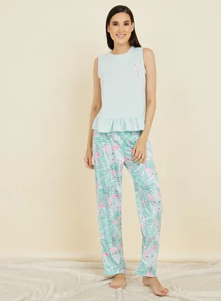 Flamingo Print Ruffle Hem Vest and Pyjama Set 