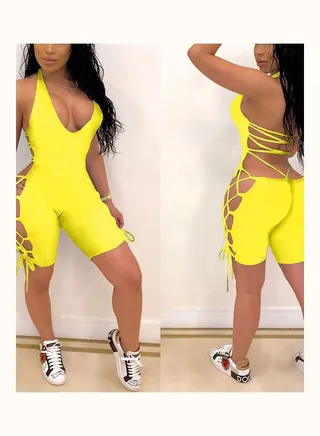 Solid V Neck Sleeveless Jumpsuit Yellow 