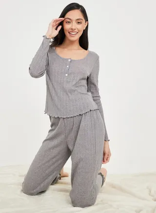 Ribbed Lettuce Hem Long Sleeves T-shirt and Pyjama Set 