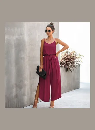 Solid Spaghetti Strap Jumpsuit Burgundy 