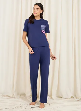 Tassel Detail Aztec Pocket Print Drop Shoulder T-Shirt and Pyjama Set 
