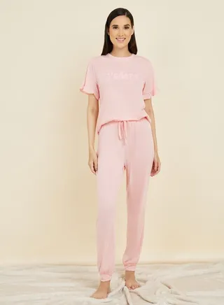 Embroidered Ruffle Sleeve T-Shirt & Cuff Pyjama Set 