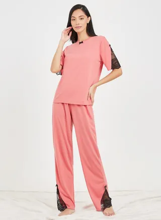 Lace Insert Bow Detail T-shirt and Pyjama Set 