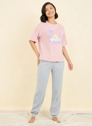 Sunset Graphic Print T-shirt and Pyjama Set 