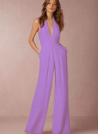 V-neck Jumpsuits Purple 
