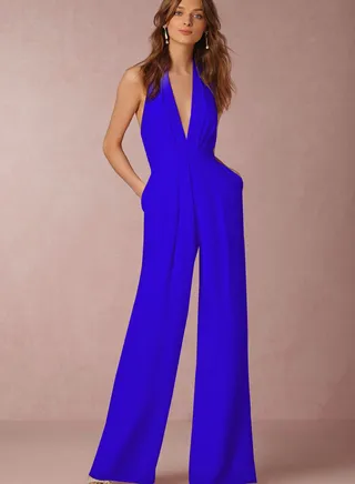 V-neck Jumpsuits Blue 