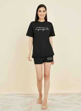 Perfect Imperfect Slogan Print T-shirt and Short Set 