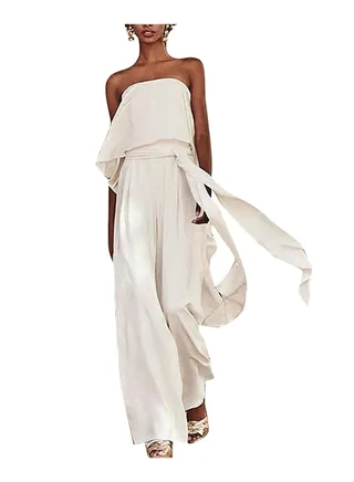 Strapless Sleeveless Solid Waist Drawstring Jumpsuit White 
